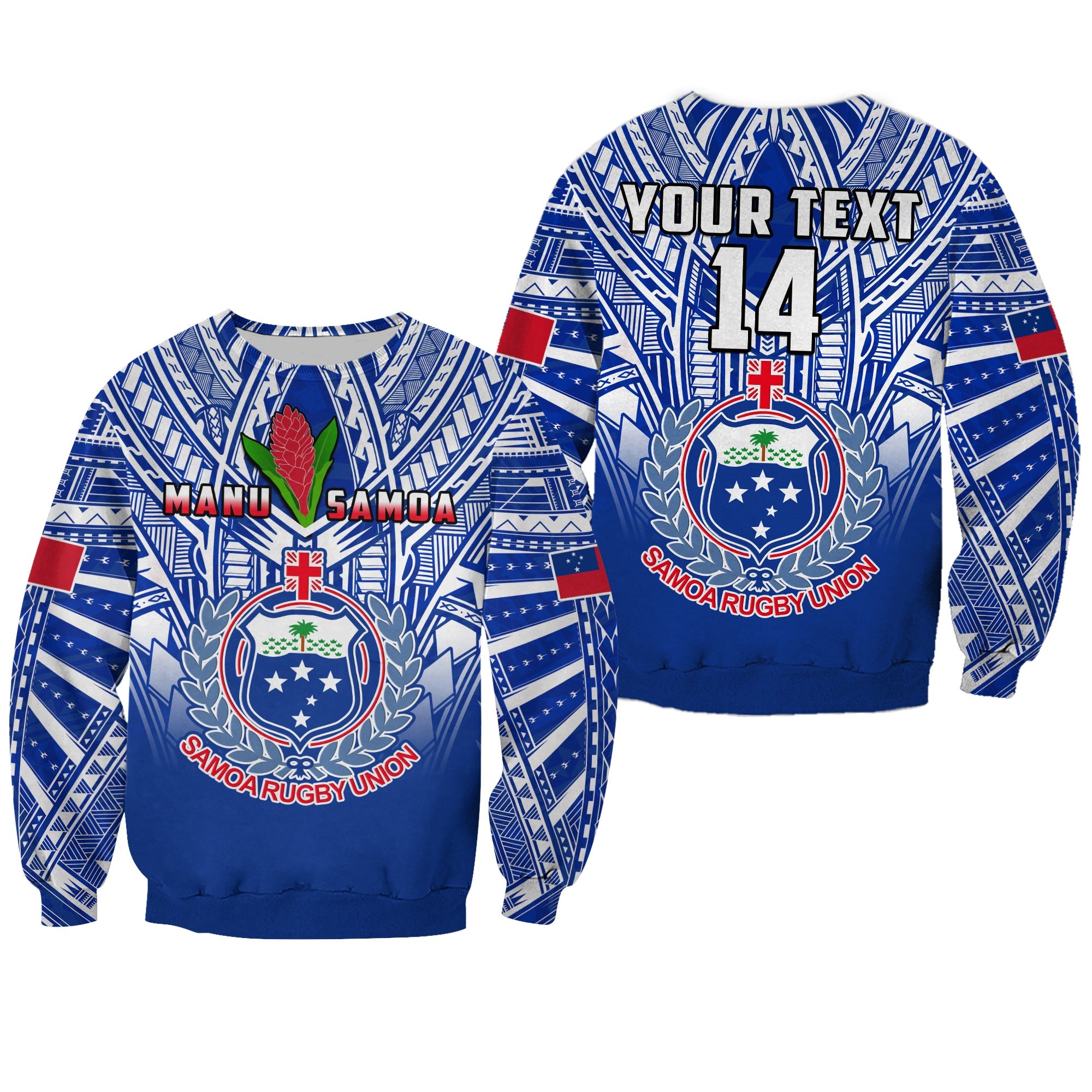 (Custom Text And Number) Samoa Rugby Sweatshirt Manu Samoa 7s Ginger Blue Polynesian LT14 Unisex Blue - Polynesian Pride