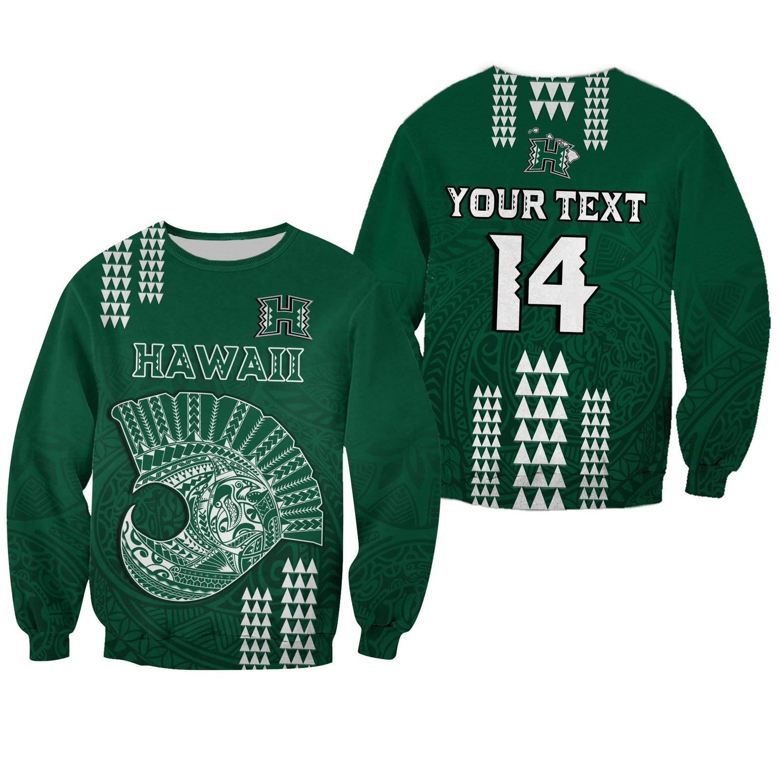 (Custom Text And Number) Hawaii Football Sweatshirt Kakau Rainbow Warriors Helmet LT14 Unisex Green - Polynesian Pride