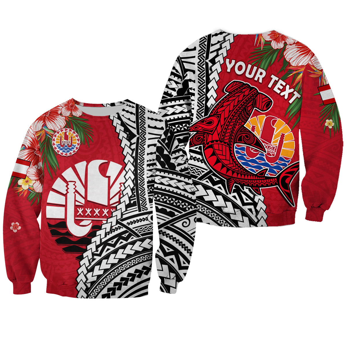 (Custom Personalised) Tahiti Islands Sweatshirt Polynesian Shark Mix Tropical Flowers LT14 Unisex Red - Polynesian Pride