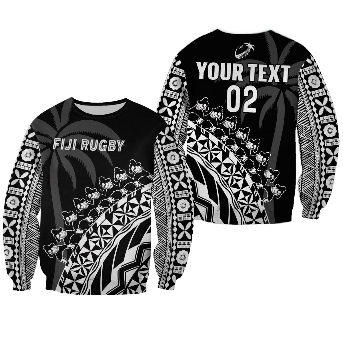 (Custom Text And Number) Fiji Rugby Sweatshirt Fijian Cibi Dance Tapa Pattern Black LT14 Unisex Black - Polynesian Pride