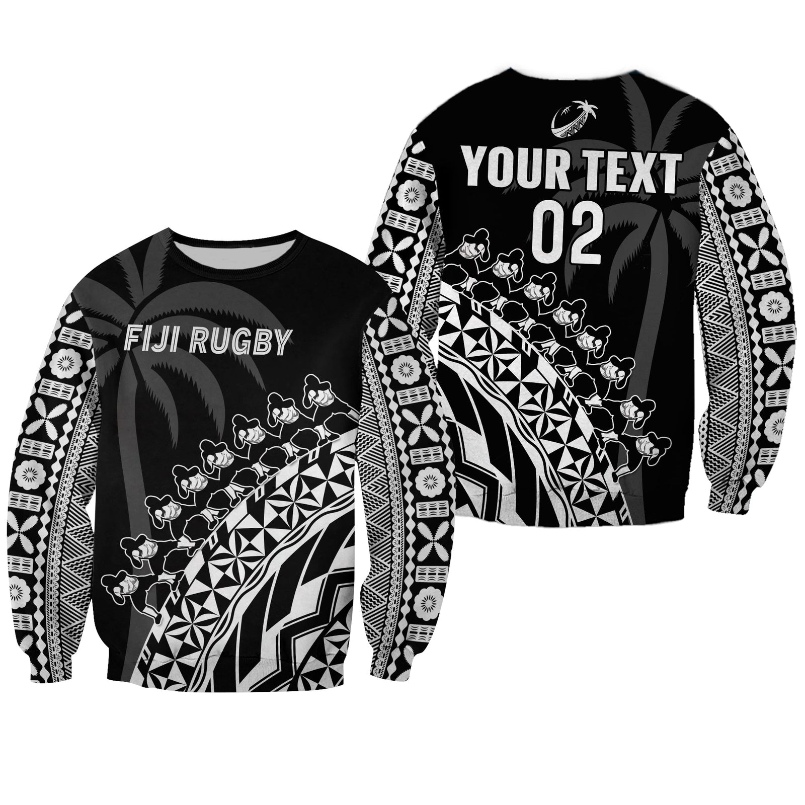 (Custom Text And Number) Fiji Rugby Sweatshirt Fijian Cibi Dance Tapa Pattern Black LT14 Unisex Black - Polynesian Pride