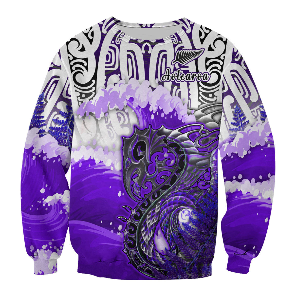 (Custom Personalised) Manaia Maori Sweatshirt Fern Aotearoa Purple Waves LT13 Unisex Purple - Polynesian Pride