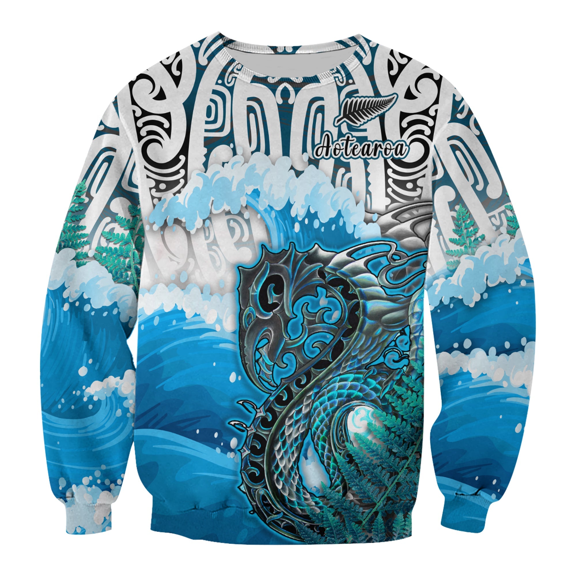 (Custom Personalised) Manaia Maori Sweatshirt Fern Aotearoa Blue Waves LT13 Unisex Blue - Polynesian Pride