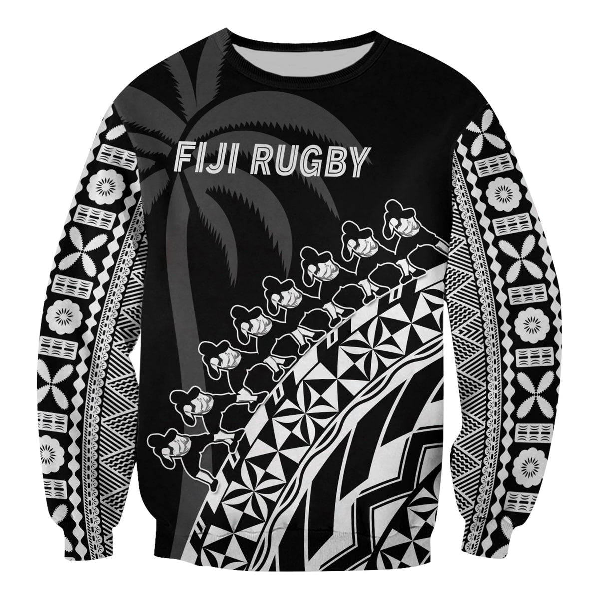 (Custom Text And Number) Fiji Rugby Sweatshirt Fijian Cibi Dance Tapa Pattern Black LT14 - Polynesian Pride