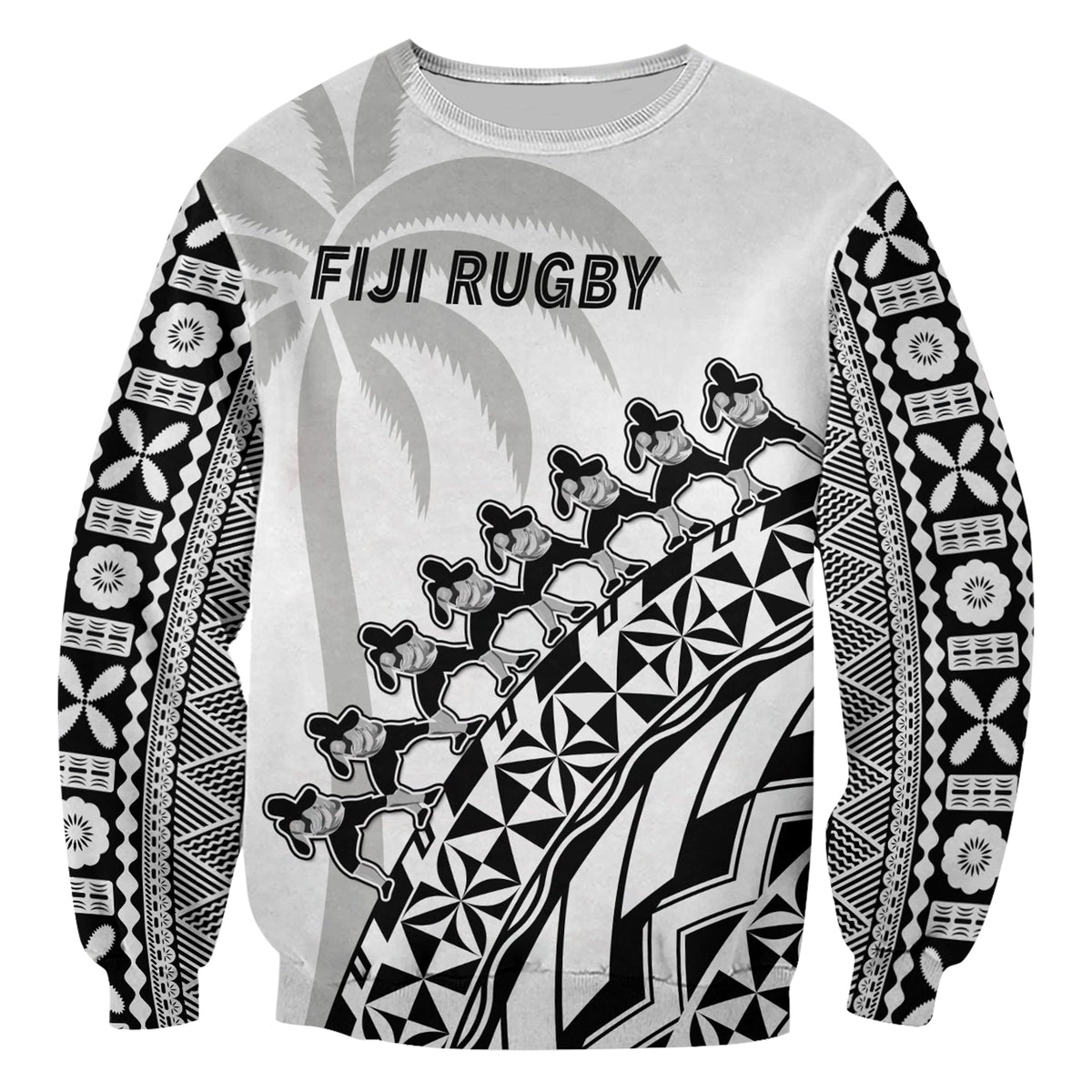 (Custom Text And Number) Fiji Rugby Sweatshirt Fijian Cibi Dance Tapa Pattern White LT14 - Polynesian Pride