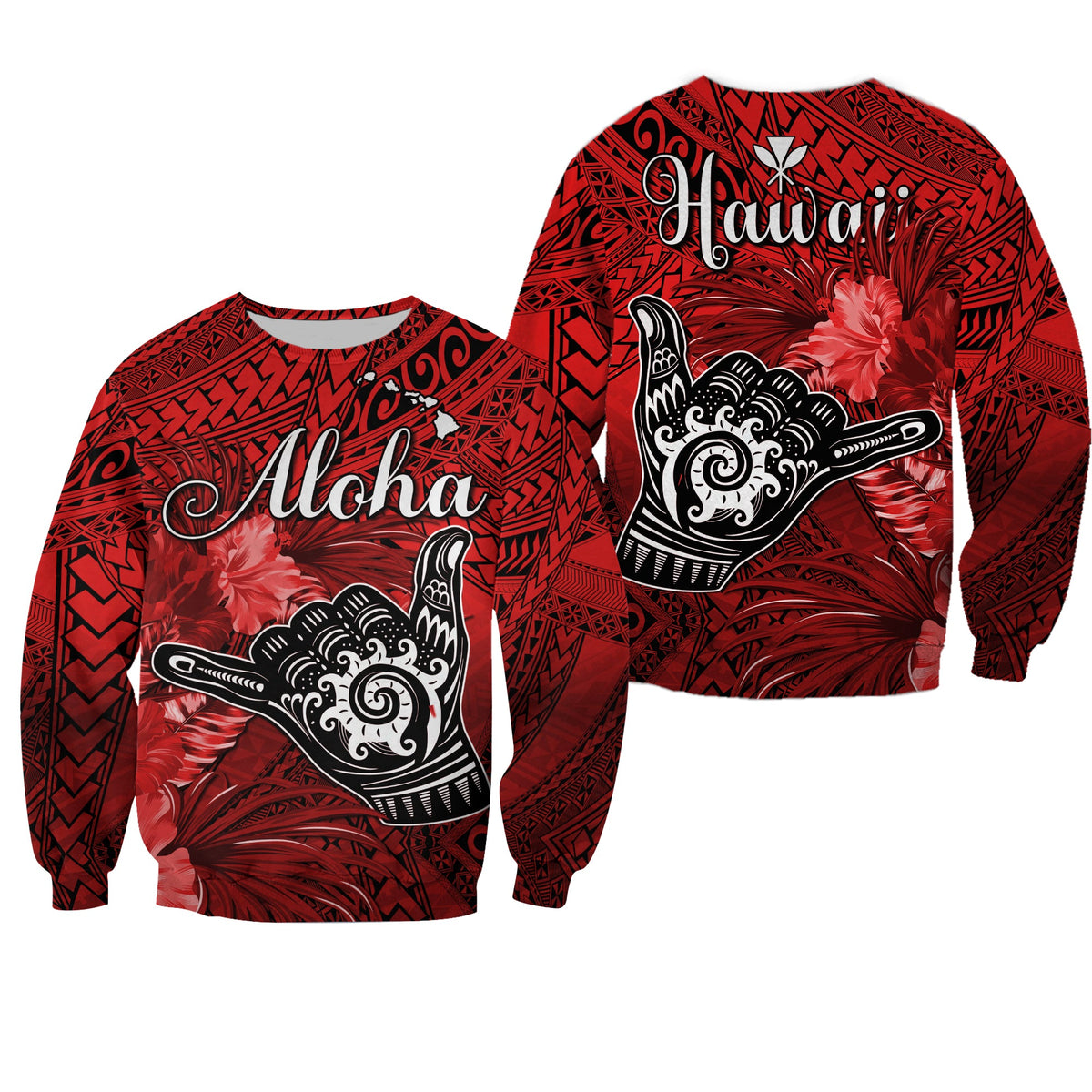The Shaka Hawaii Sweatshirt Tropical Flowers Red Version LT13 Unisex Red - Polynesian Pride