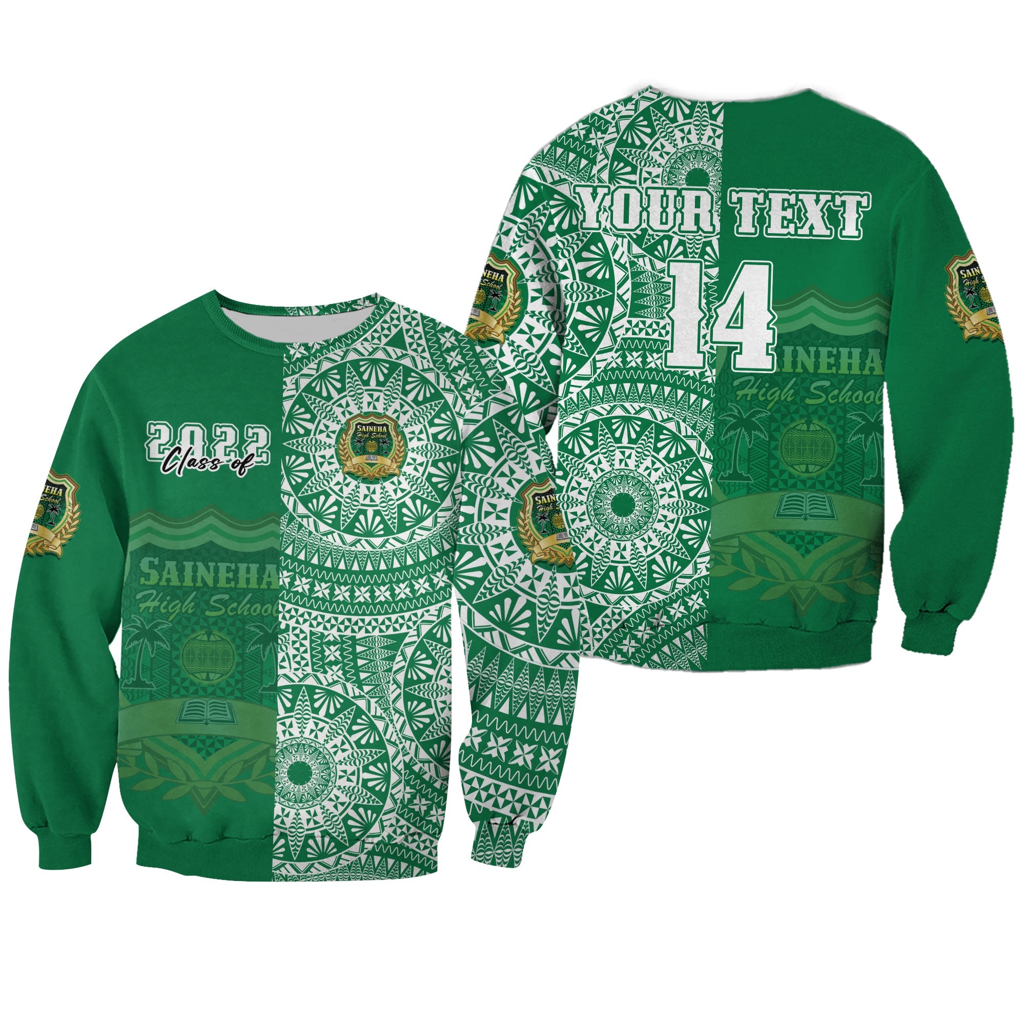 (Custom Text And Number) Tonga Saineha High School Sweatshirt Class Of Year Tongan Ngatu Pattern LT14 Unisex Green - Polynesian Pride