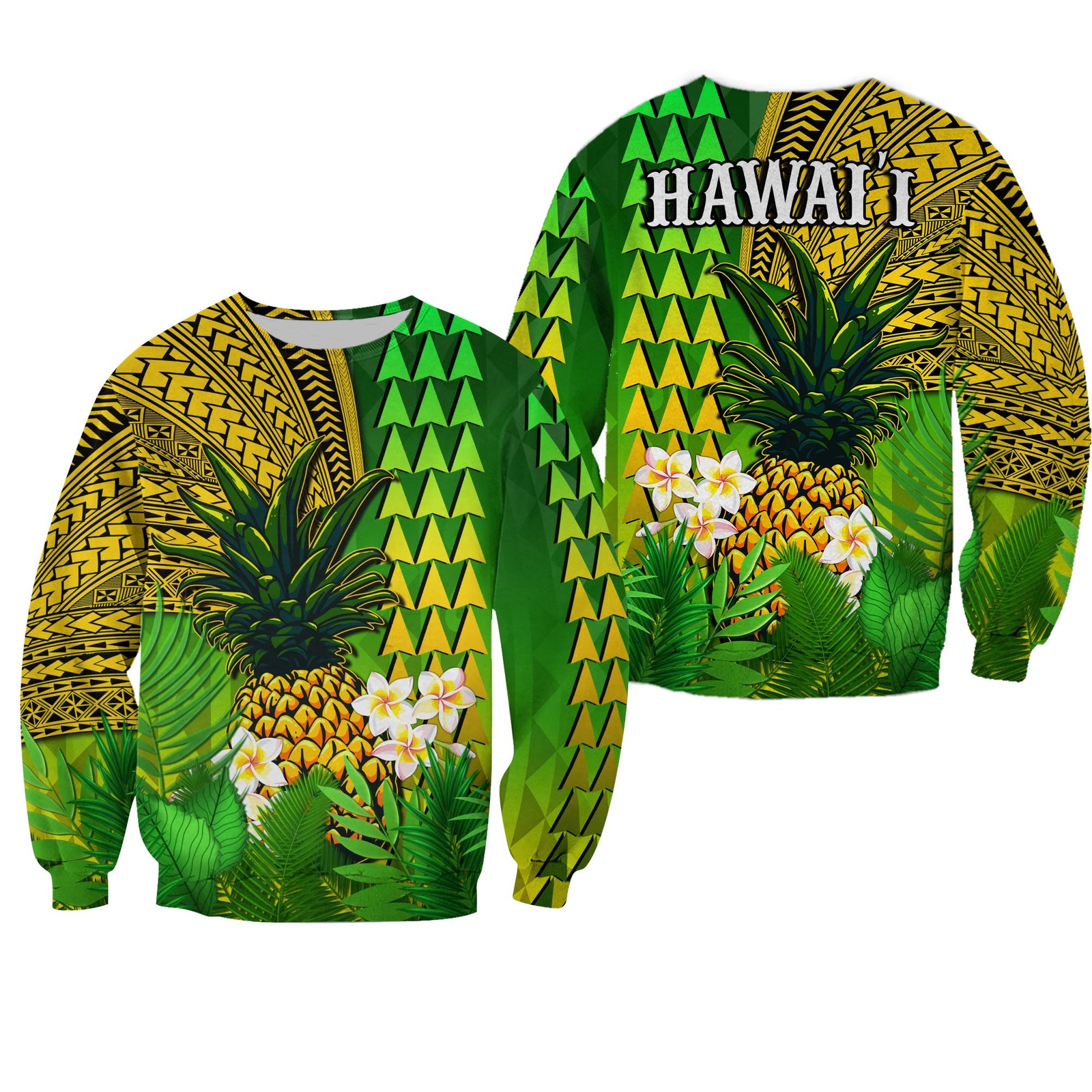 Hawaii Pineapple Sweatshirt Plumeria Frangipani Mix Tribal Pattern LT13 Unisex Green - Polynesian Pride