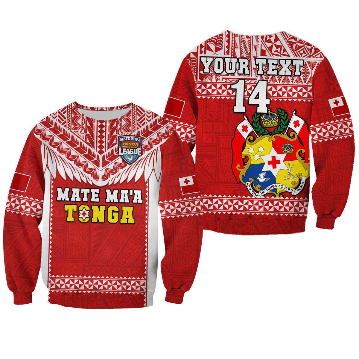 (Custom Text And Number) Tonga Rugby Sweatshirt Mate Maa Tonga Pacific Ngatu White LT14 Unisex Red - Polynesian Pride