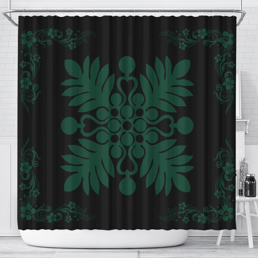 Hawaiian Quilt Maui Plant And Hibiscus Shower Curtain - Sacramento Black - AH 177 x 172 (cm) Sacramento - Polynesian Pride