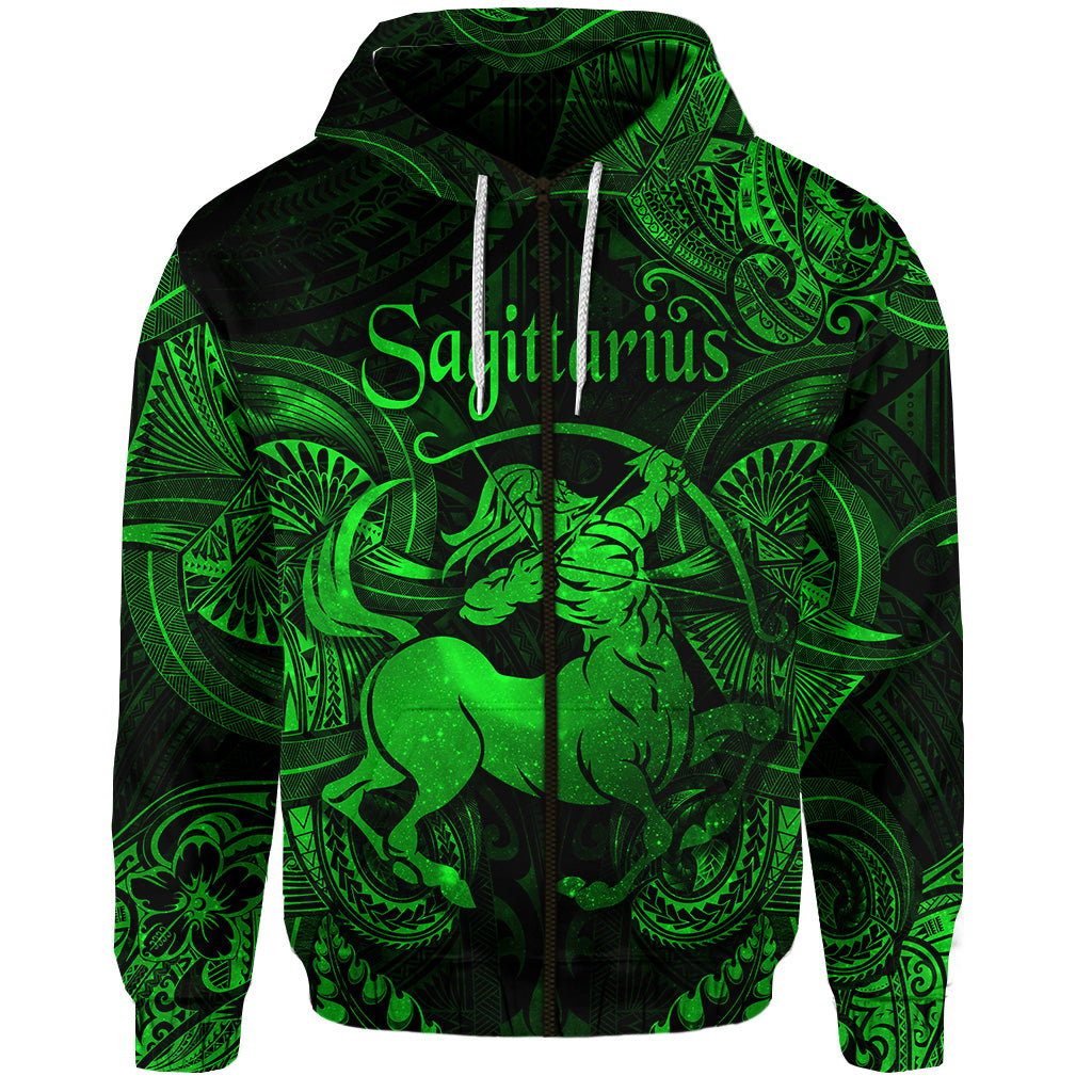 Custom Sagittarius Zodiac Polynesian Zip Hoodie Unique Style Green LT8 - Polynesian Pride