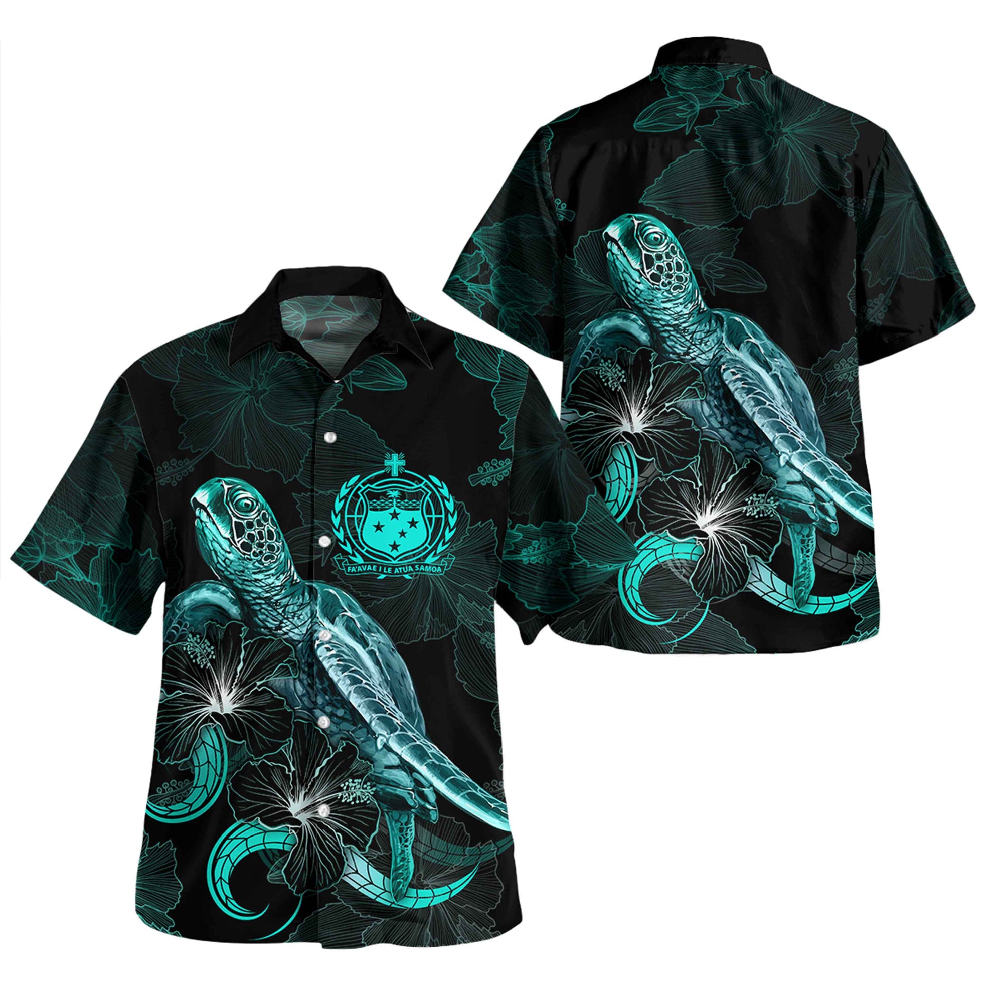 Samoa Short Sleeve Shirt - Custom Samoa Coat Of Arms With Turtle Blooming Hibiscus Turquoise Unisex Turquoise - Polynesian Pride