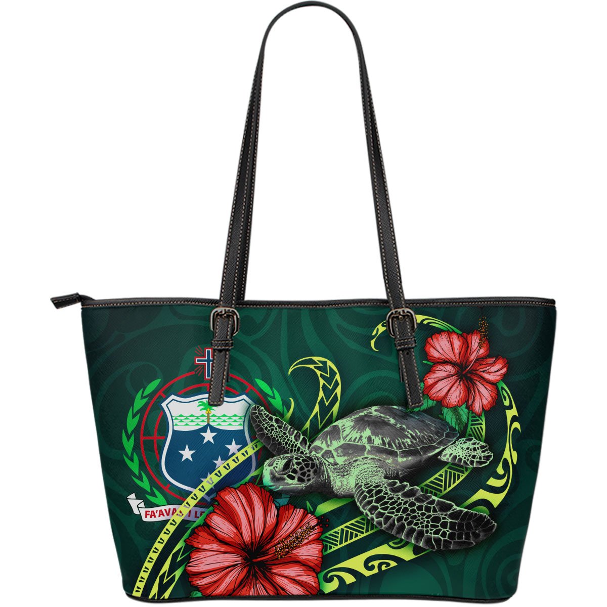 Samoa Polynesian Leather Tote Bag - Green Turtle Hibiscus Green - Polynesian Pride