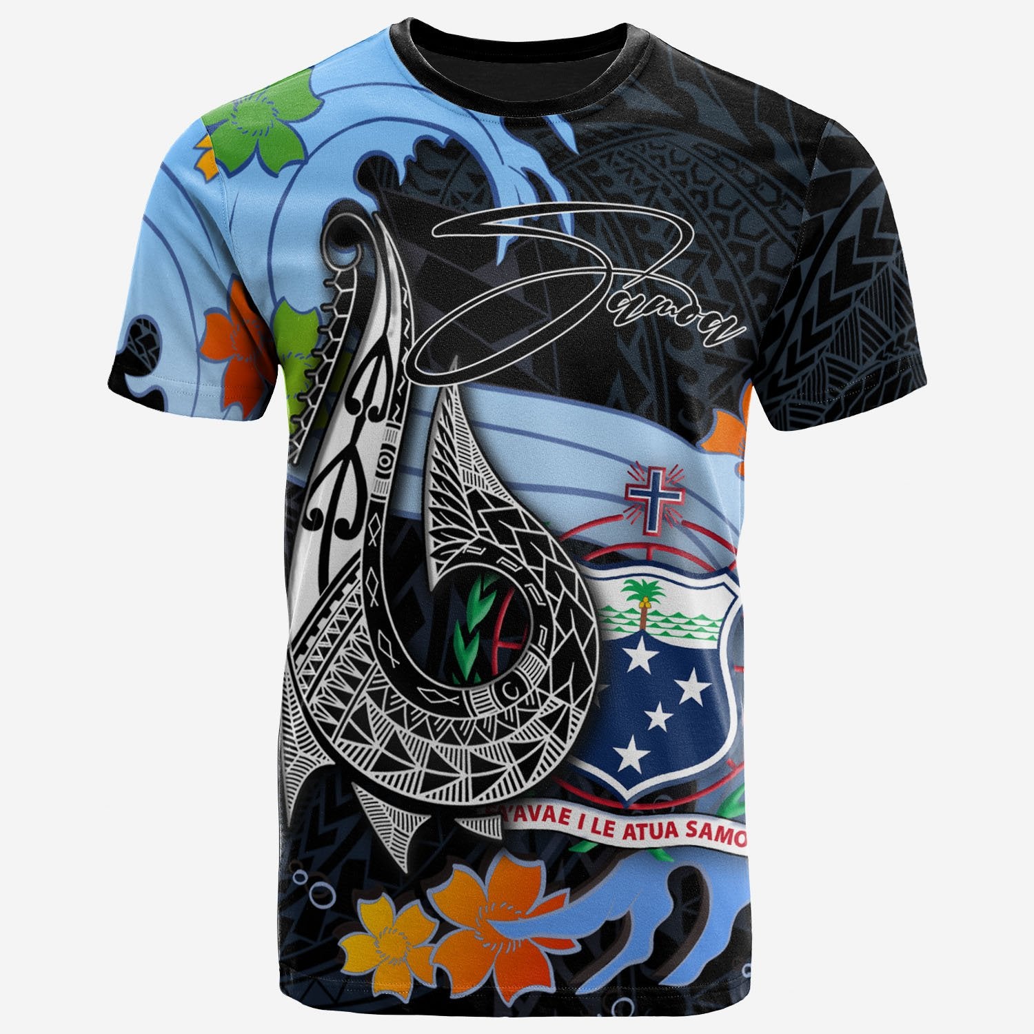 Samoa T Shirt Fish Hooks And Wave Unisex Black - Polynesian Pride