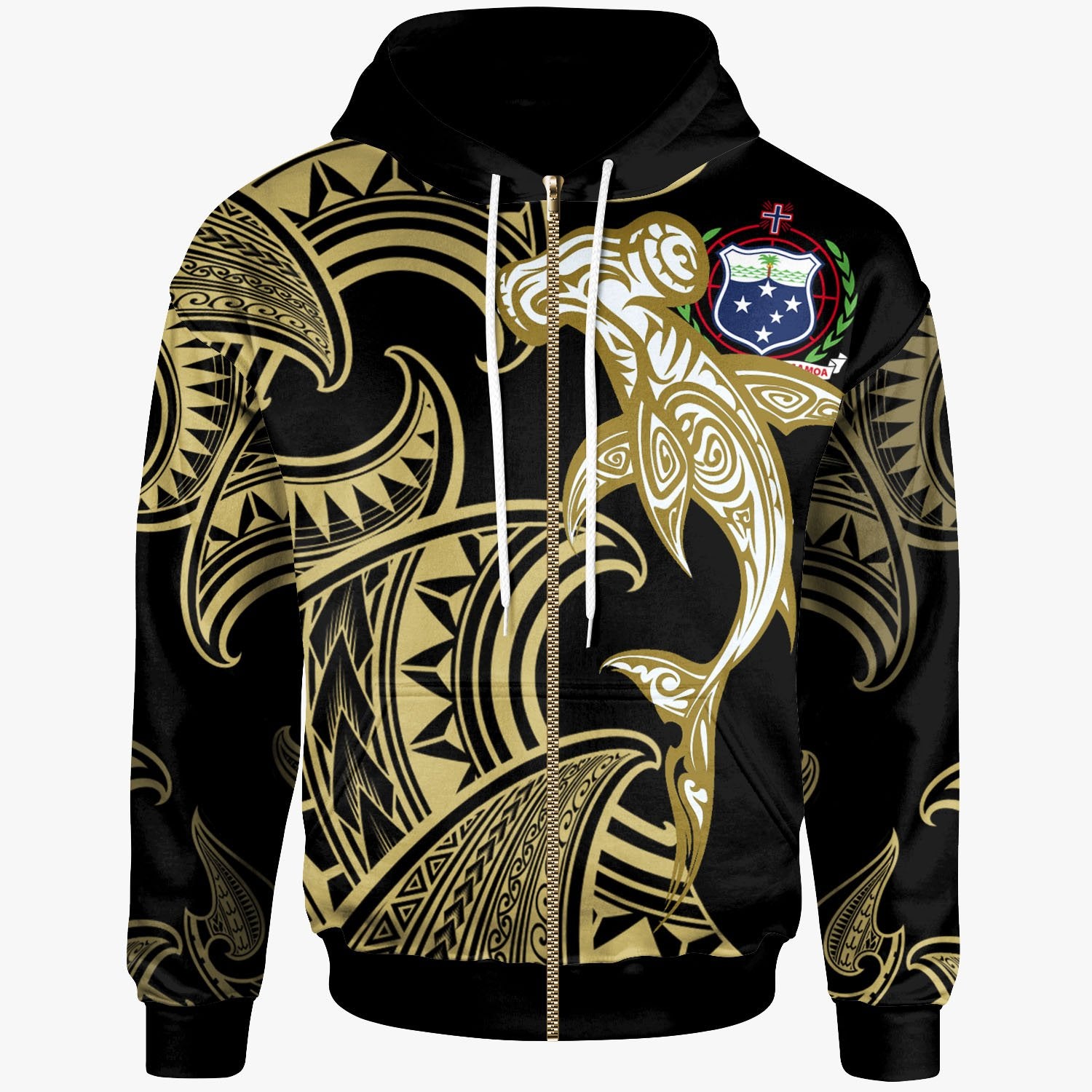 Samoa Zip up Hoodie Hammerhead Shark Tribal Pattern Unisex Gold - Polynesian Pride