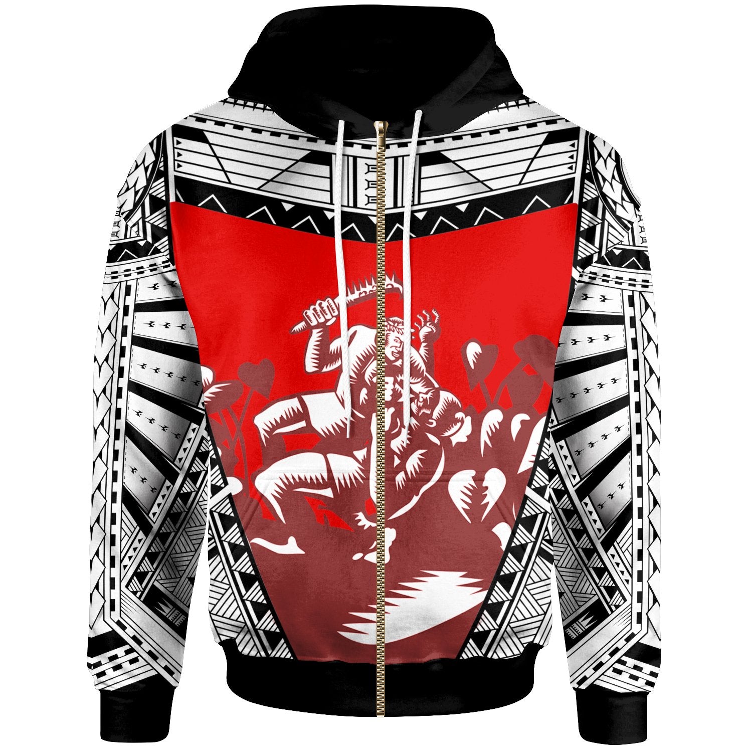 Samoa Zip up Hoodie Samoan Legend Wielding A Club Nifooti Weapon Defeating The God With Taro Plant Red Unisex Red - Polynesian Pride