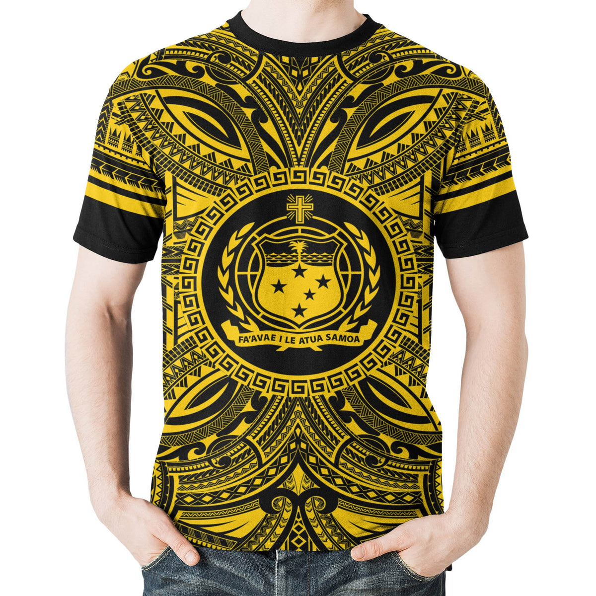 Samoa All T Shirt Samoa Coat Of Arms Polynesian Gold Black - Polynesian Pride
