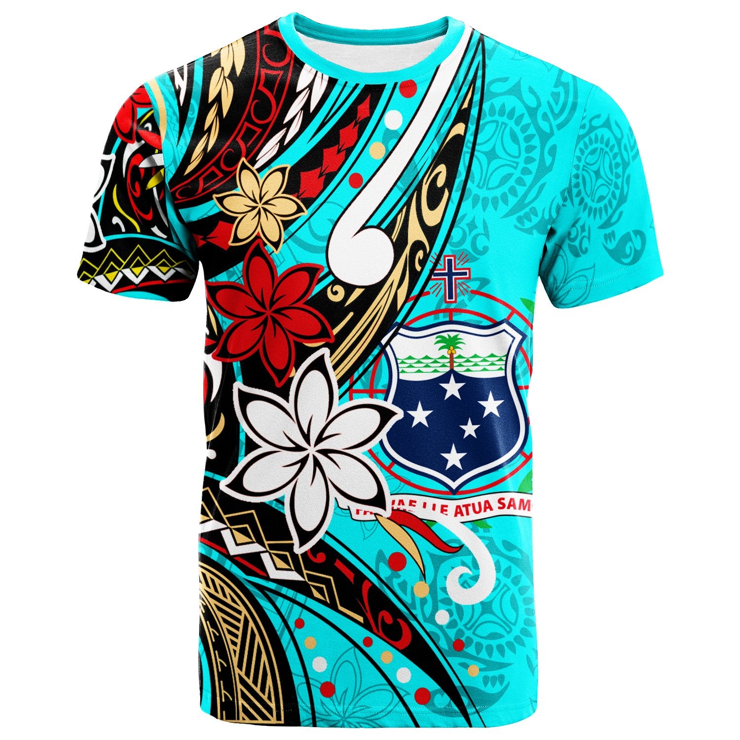 Samoa T Shirt Tribal Flower With Special Turtles Blue Color Unisex Blue - Polynesian Pride