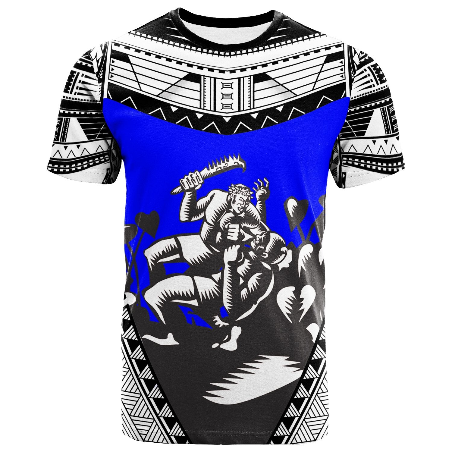 Samoa T Shirt Samoan Legend Wielding A Club Nifooti Weapon Defeating The God With Taro Plant Blue Unisex Blue - Polynesian Pride