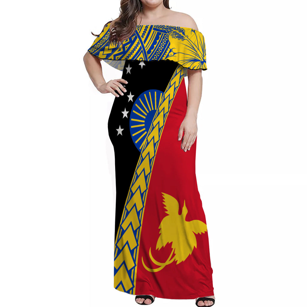 PNG Hibiscus Tribal Pattern Off Shoulder Long Dress - Sandaun Province LT7 Long Dress Blue - Polynesian Pride