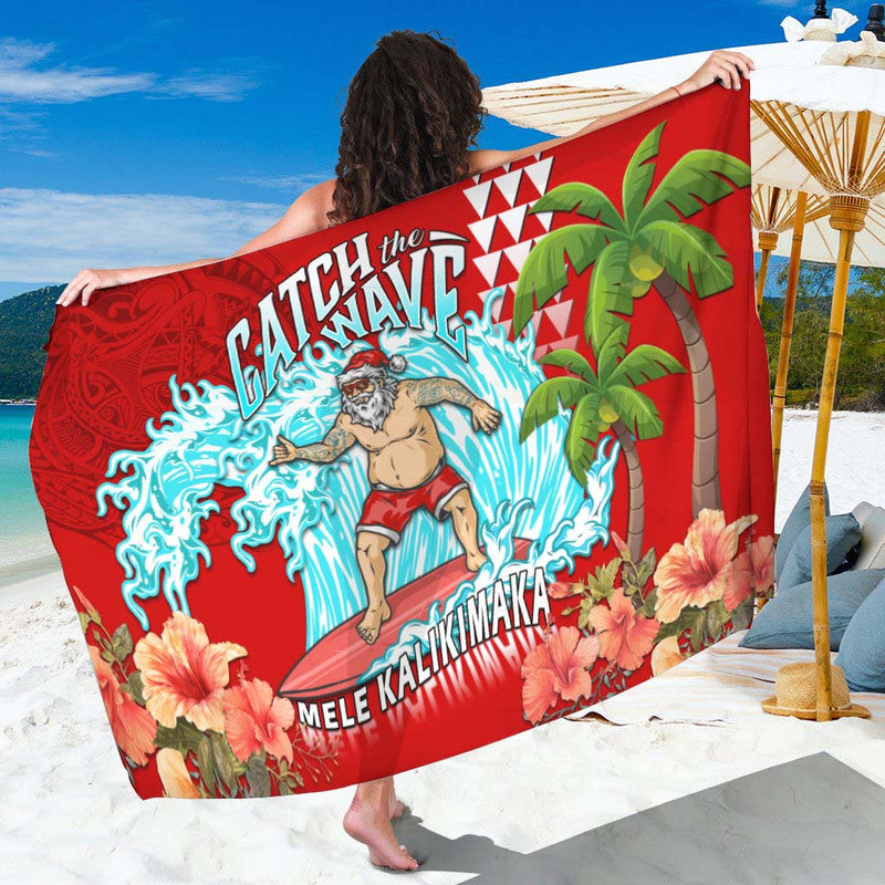 Hawaii Mele Kalikimaka Sarong Santa Claus Surfing Xmas Time LT9 One Size Red - Polynesian Pride