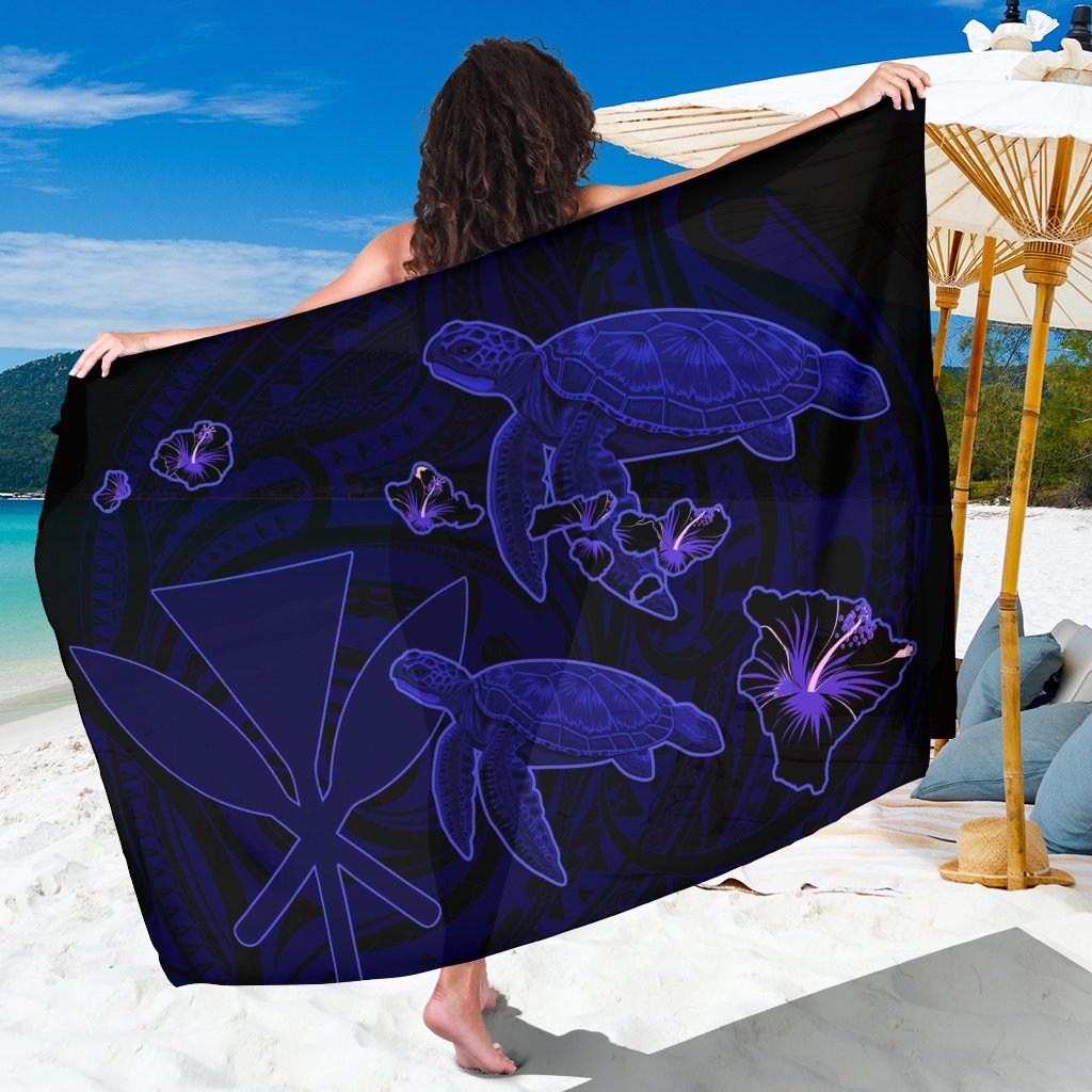 Hawaii Turtle Hibiscus Kanaka Map Sarong - Blue - Aura Style - AH SARONGS One Size Blue - Polynesian Pride