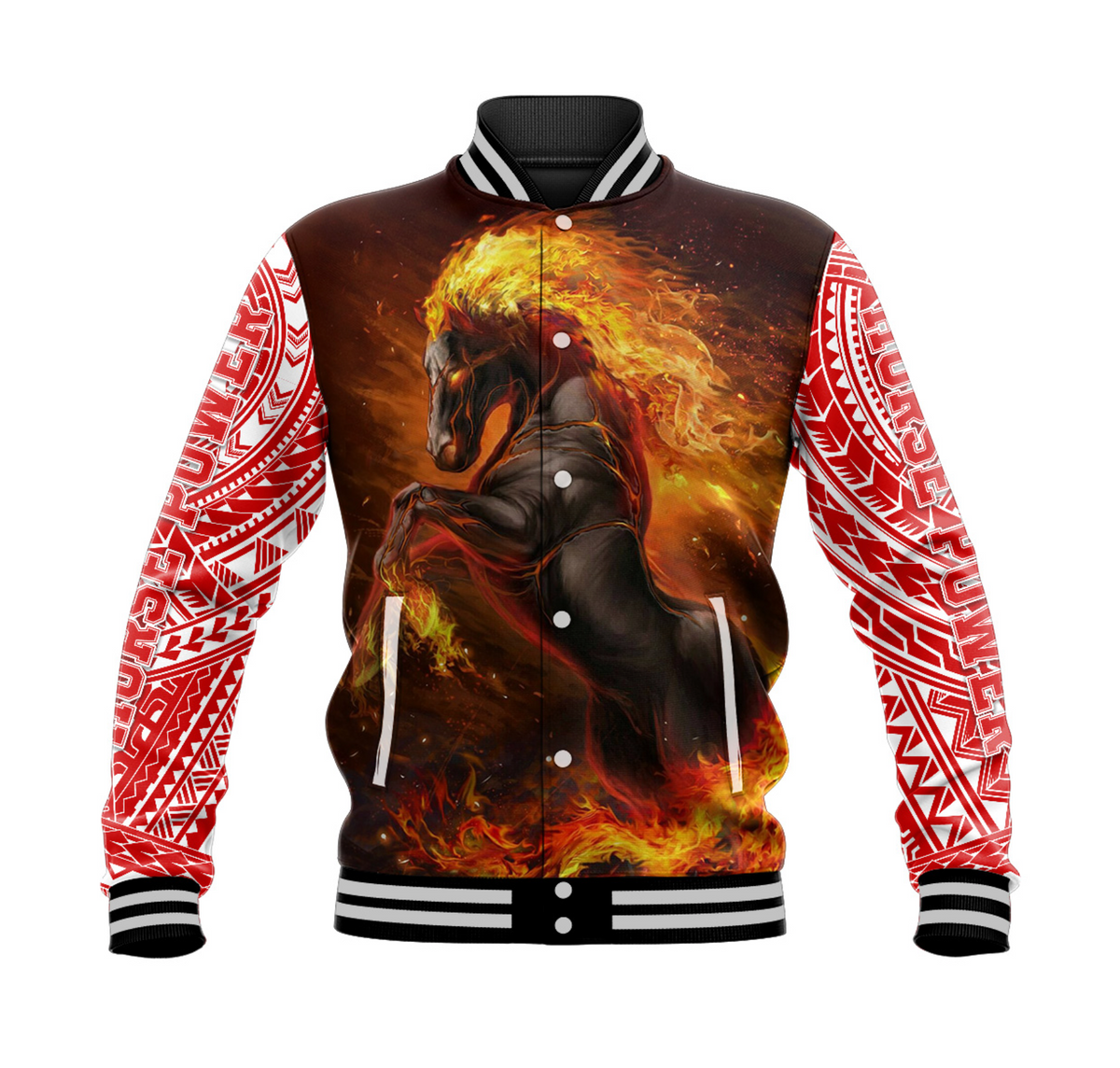(T0K0 BRAZY) Hawaii Baseball Jacket - Waianae Baseball Jacket - HORSE POWER LT8 Unisex Red - Polynesian Pride