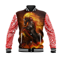 (T0K0 BRAZY) Hawaii Baseball Jacket - Waianae Baseball Jacket - HORSE POWER LT8 Unisex Red - Polynesian Pride