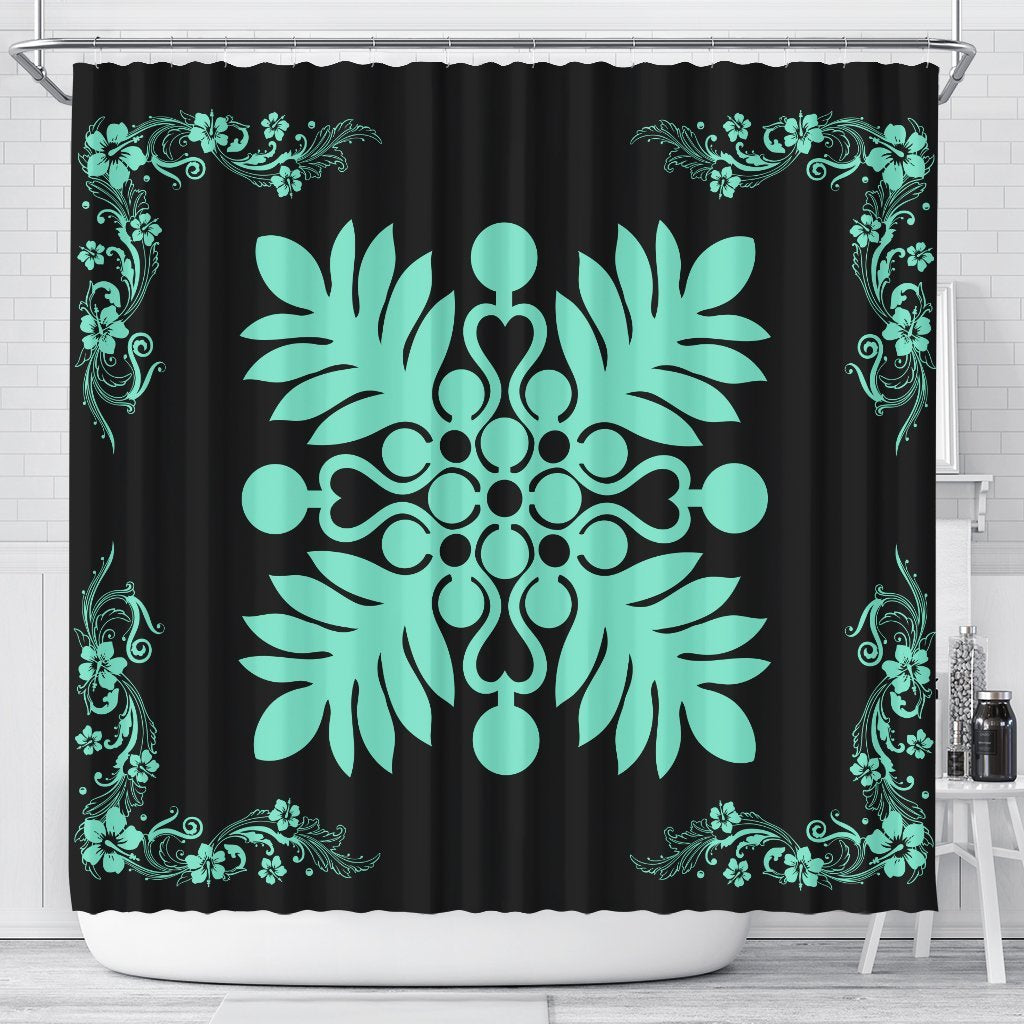 Hawaiian Quilt Maui Plant And Hibiscus Shower Curtain - Seafoarm Black - AH 177 x 172 (cm) Seafoarm - Polynesian Pride