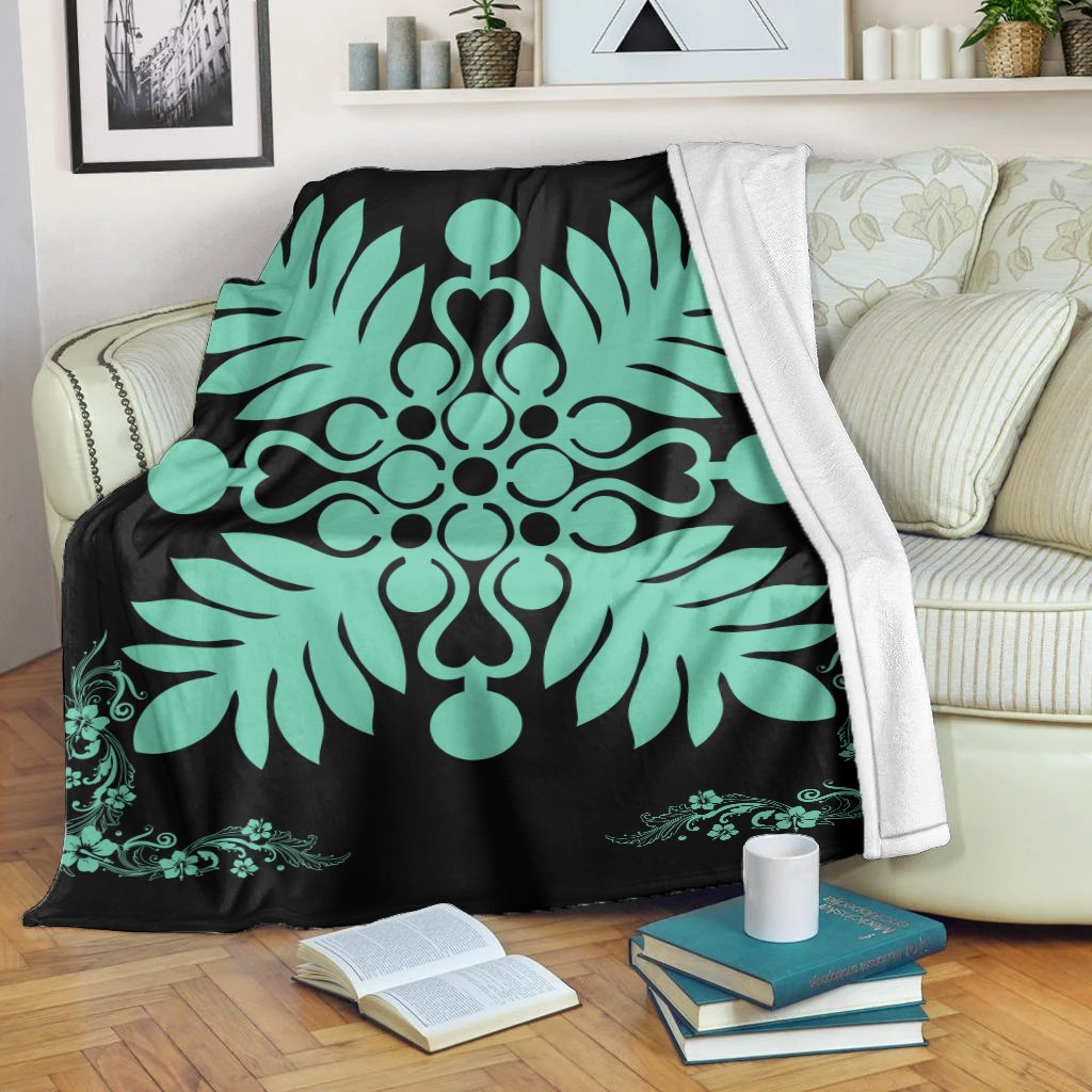 Hawaiian Quilt Maui Plant And Hibiscus Premium Blanket - Seafoarm Black - AH White - Polynesian Pride