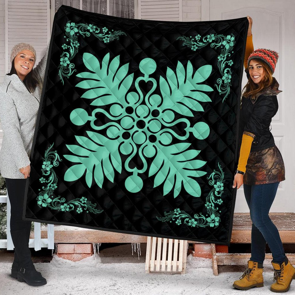 Hawaiian Quilt Maui Plant And Hibiscus Premium Quilt - Seafoarm Black - AH - Polynesian Pride