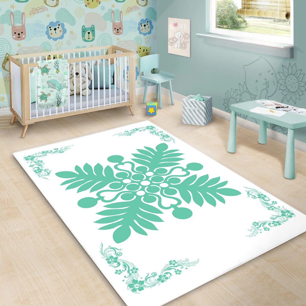 Hawaiian Quilt Maui Plant And Hibiscus Pattern Area Rug - Seafoarm White - AH - Polynesian Pride