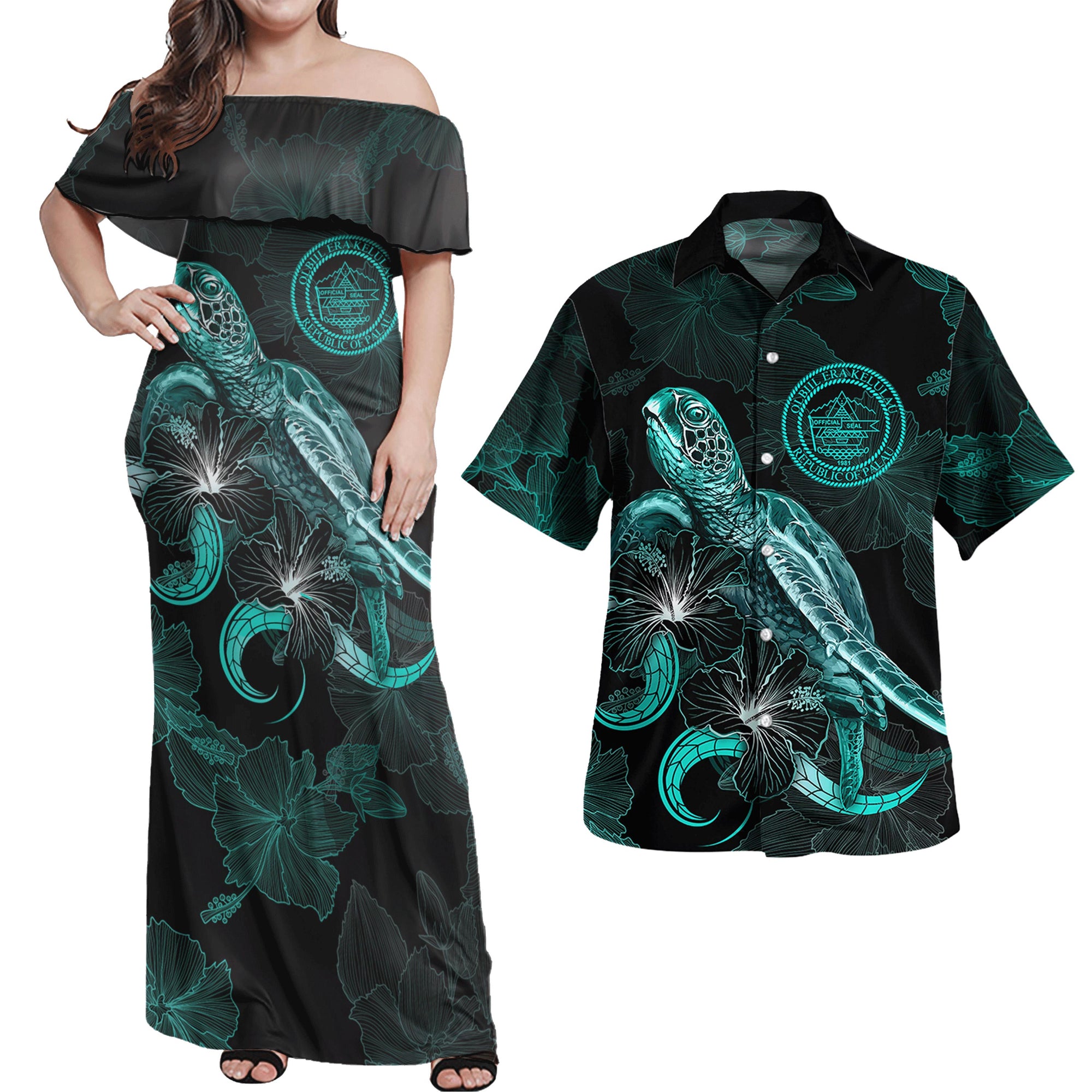 Palau Matching Dress and Hawaiian Shirt Palau Coat Of Arms with Polynesian with Turtle and Blooming Hibiscus Turquoise Turquoise - Polynesian Pride