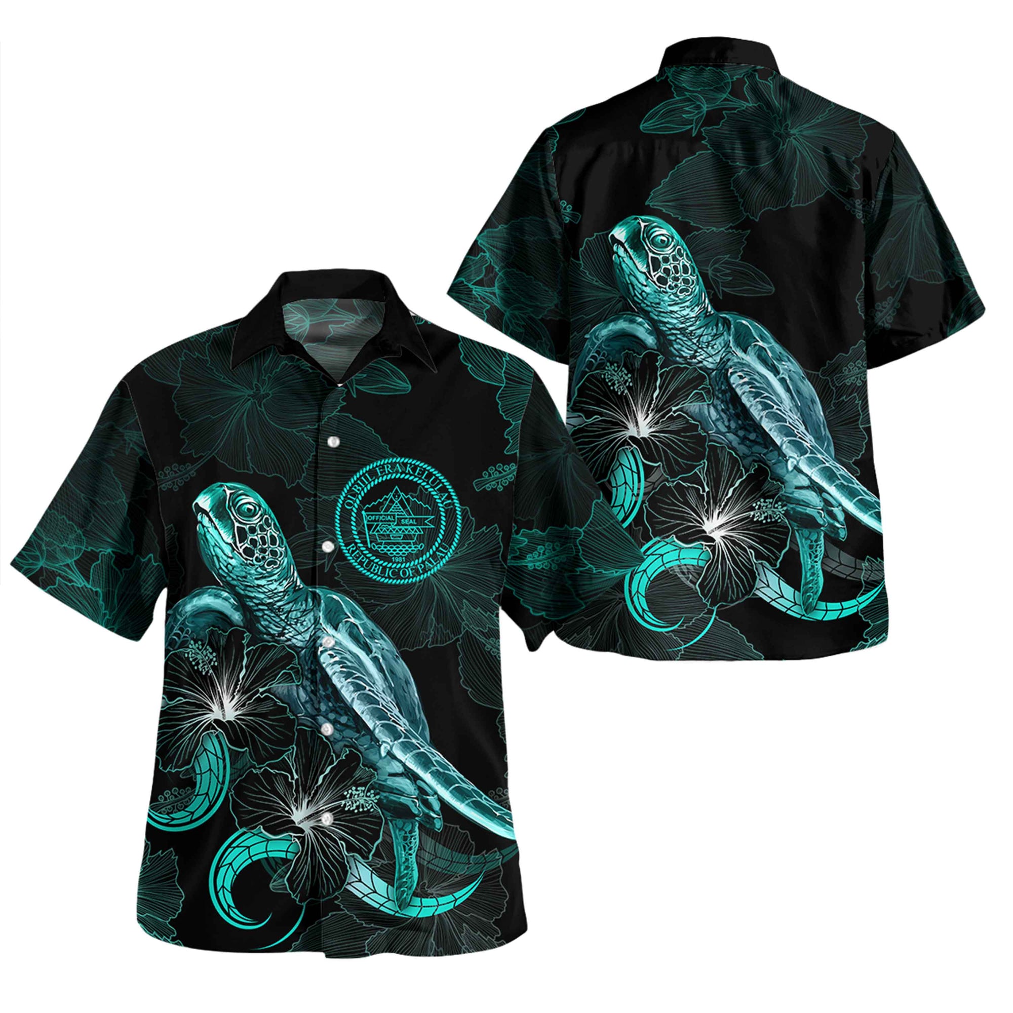 Palau Short Sleeve Shirt - Custom Palau Coat Of Arms With Polynesian Turtle Blooming Hibiscus Turquoise Unisex Turquoise - Polynesian Pride