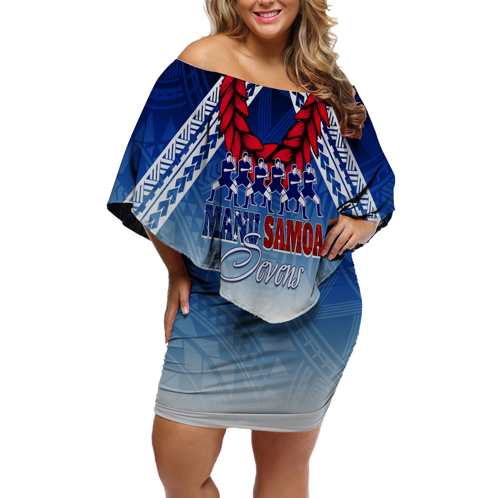 Samoa Sevens Off Shoulder Short Dress Manu Siva Tau With Ula Fala LT7 Women Blue - Polynesian Pride