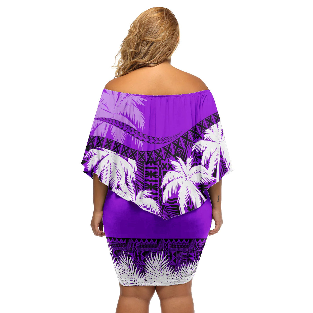 Fiji Day Off Shoulder Short Dress Flying Fijians Masi Kesa Style - Violet LT7 - Polynesian Pride