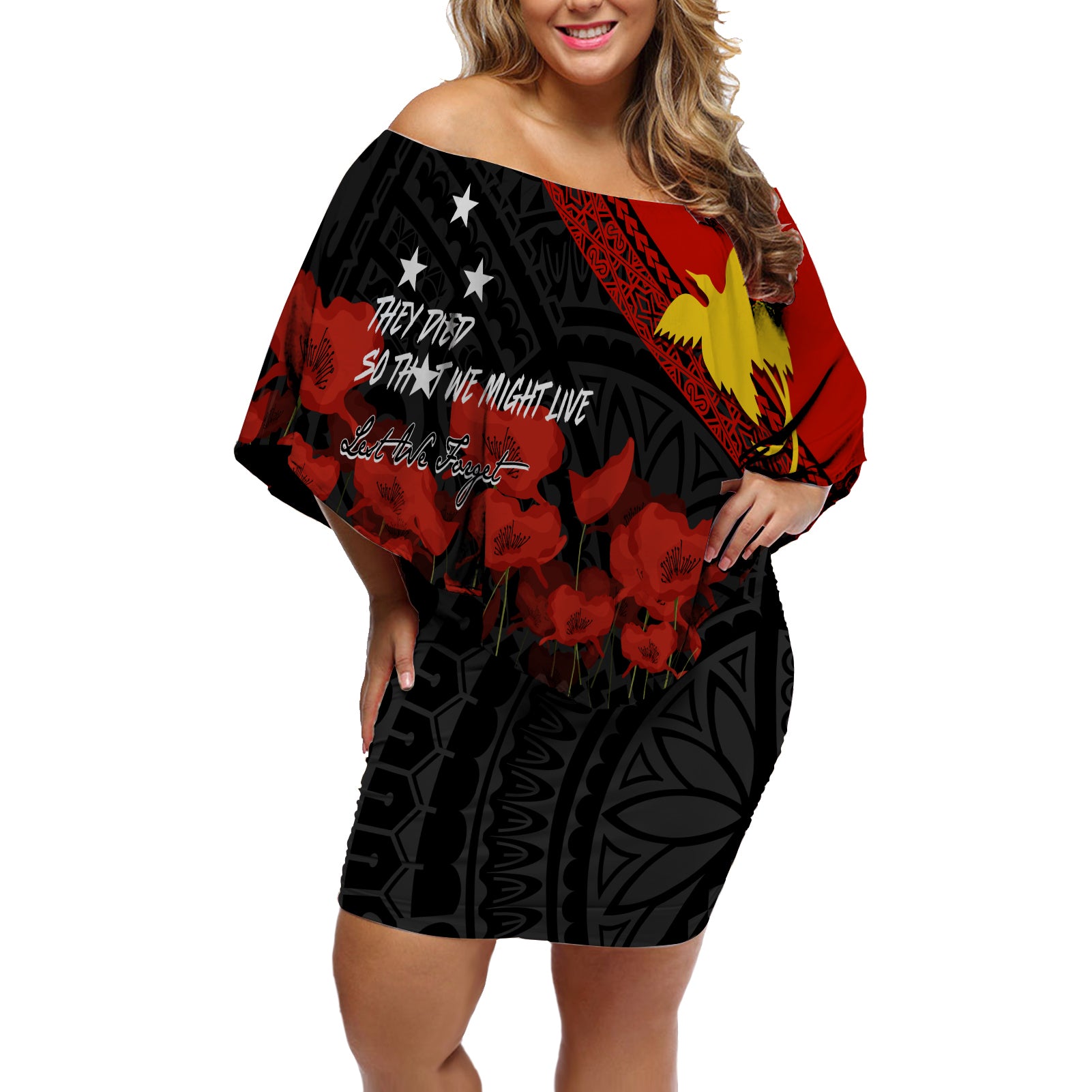 Papua New Guinea Off Shoulder Short Dress PNG Remembrance Day LT7 Women Black - Polynesian Pride