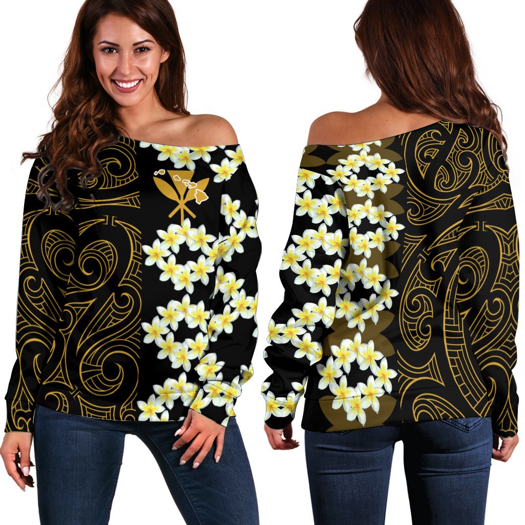 Plumeria Kanaka Polynesian - Hawaiian Women's Off Shoulder Sweater - Curtis Style Gold - Polynesian Pride