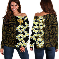 Plumeria Kanaka Polynesian - Hawaiian Women's Off Shoulder Sweater - Curtis Style Gold - Polynesian Pride