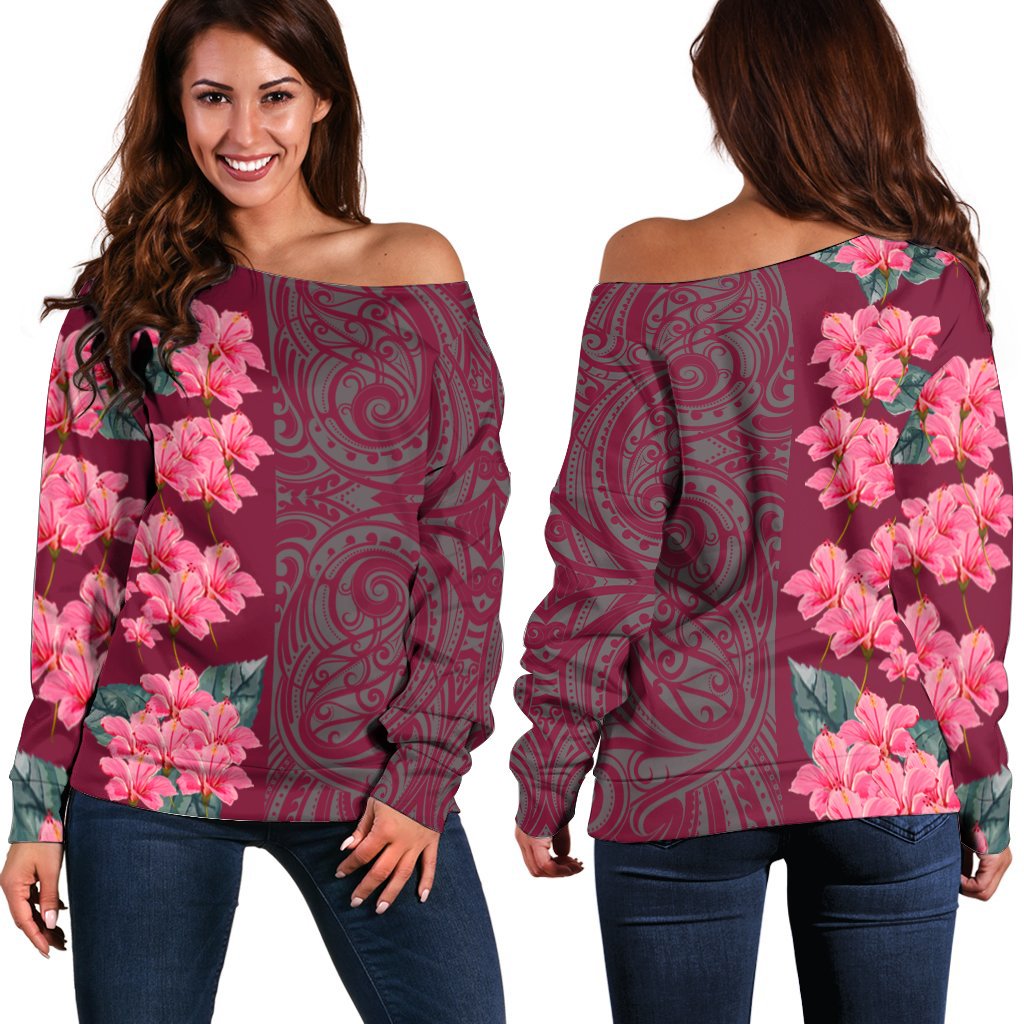 Hibiscus Flower Polynesian - Hawaiian Women's Off Shoulder Sweater - Curtis Style Pink - Polynesian Pride