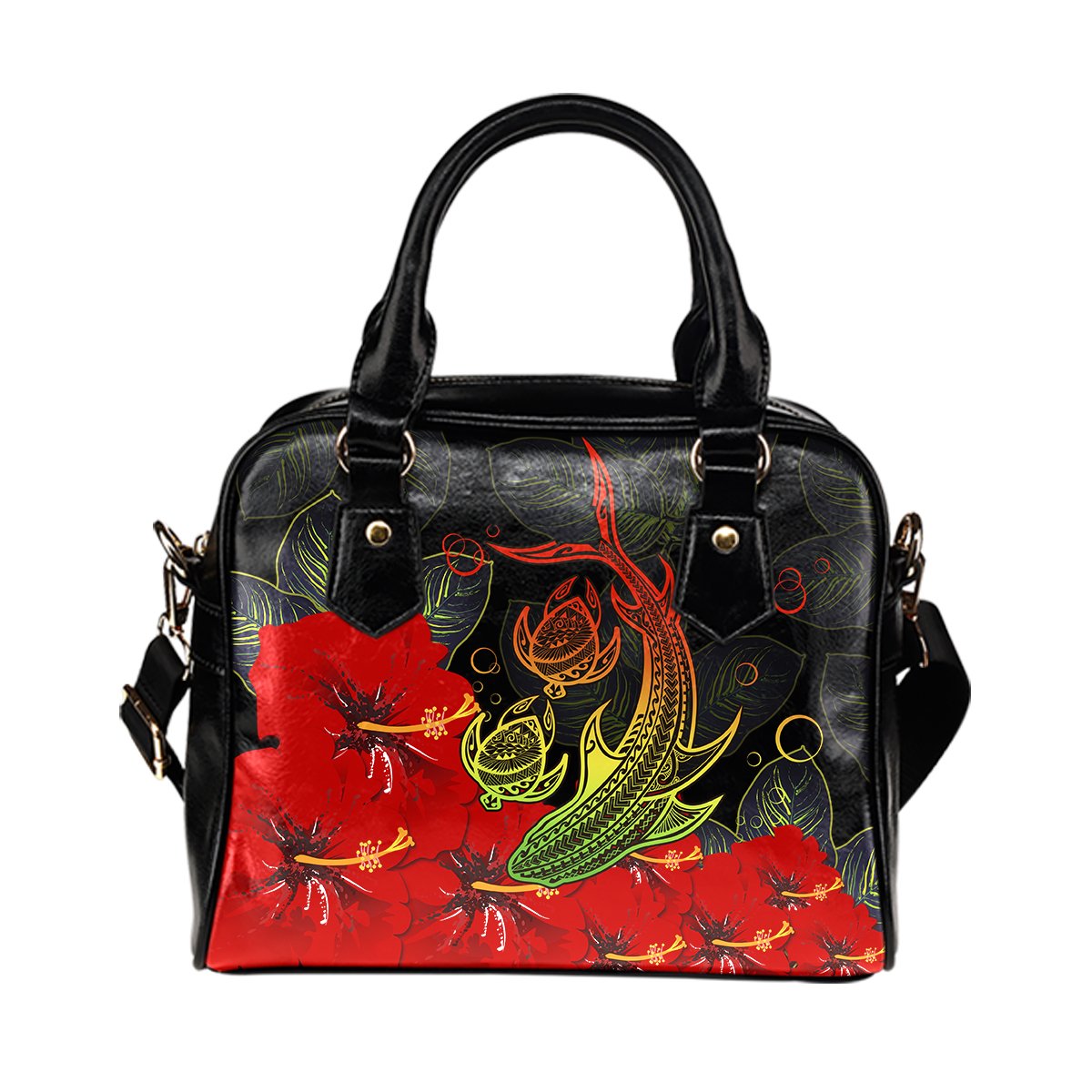 Hawaii Shark Turtle Hibiscus Polynesian Shoulder Handbag - Vera Style - AH One Size Black - Polynesian Pride