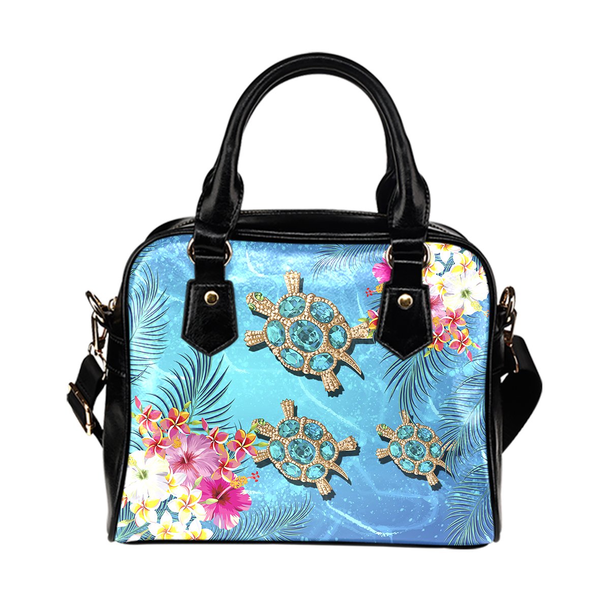 Hawaii Turtle Ocean Tropical Flowers Shoulder Handbag - Siri Style - AH One Size Blue - Polynesian Pride