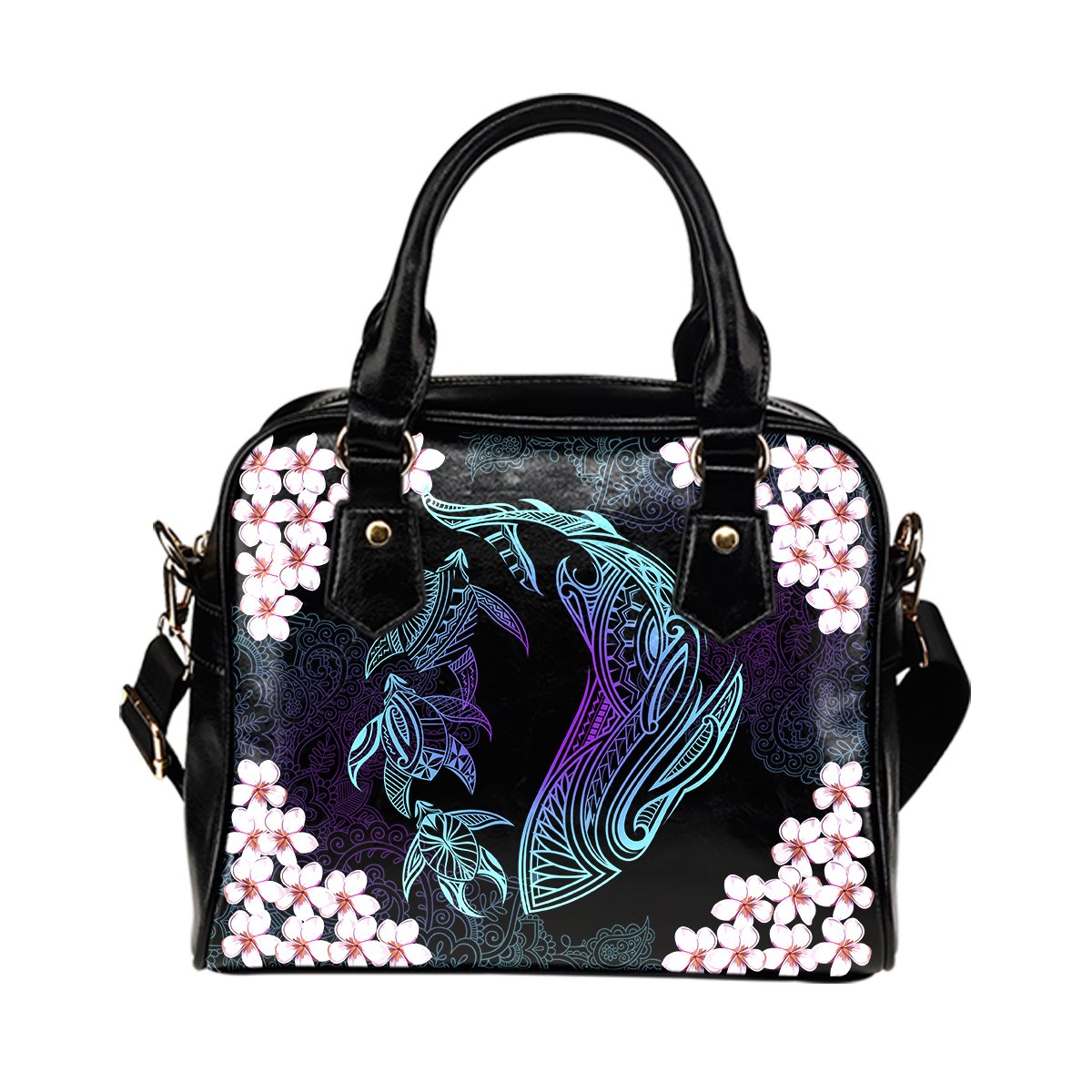 Hawaii Shark Turtle Plumeria Shoulder Handbag - Black - Zelda Style - AH One Size Black - Polynesian Pride