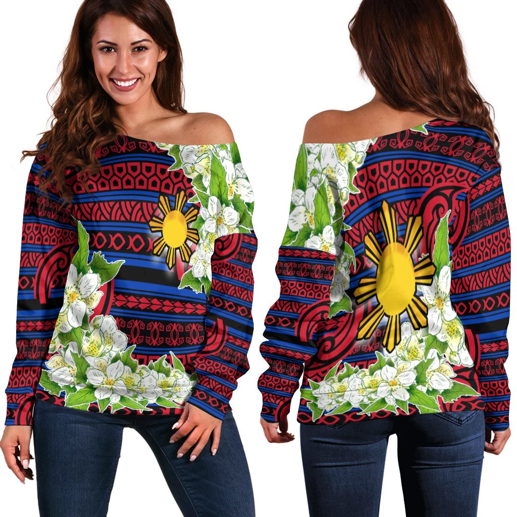 Philippines Women's Off Shoulder Sweater - Jasmine Flower Style Art - Polynesian Pride