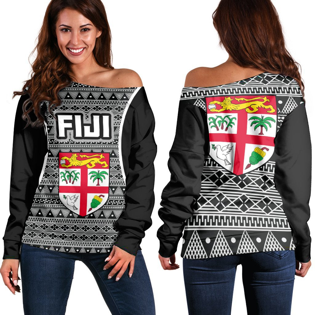 Fiji Women's Off Shoulder Sweater - Tapa Pattern Sport Style Black - Polynesian Pride