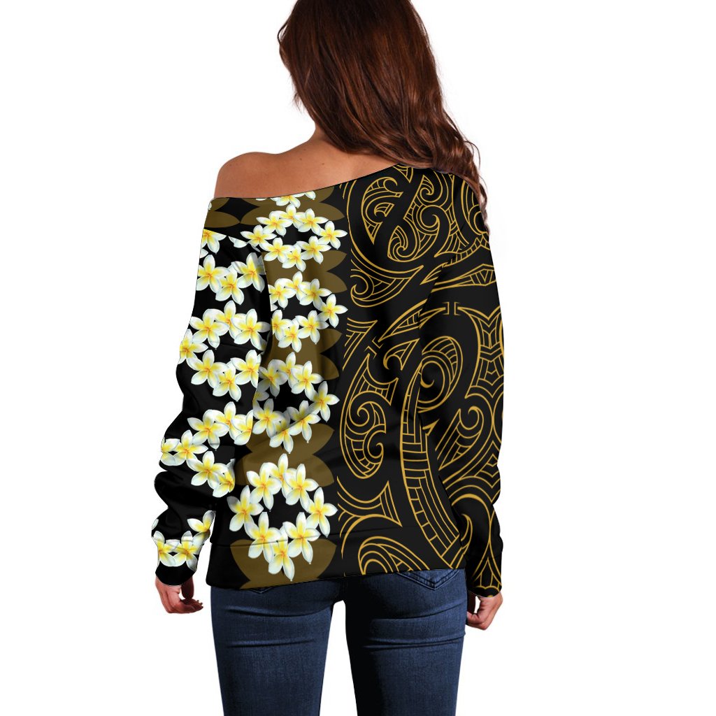 Plumeria Kanaka Polynesian - Hawaiian Women's Off Shoulder Sweater - Curtis Style - Polynesian Pride