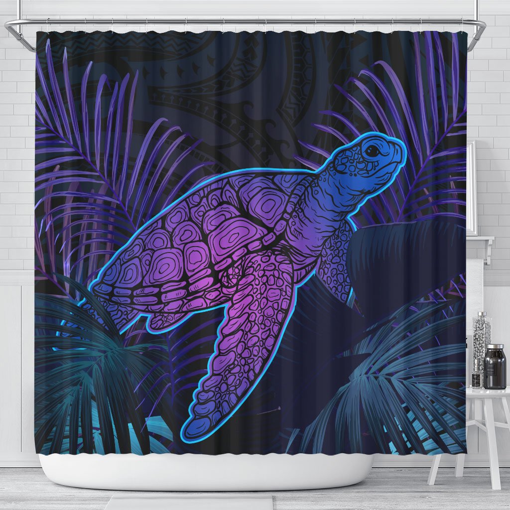 hawaiiShower Curtain - Hawaii Turtle And Palm Polynesian Retrospective 177 x 172 (cm) Black - Polynesian Pride