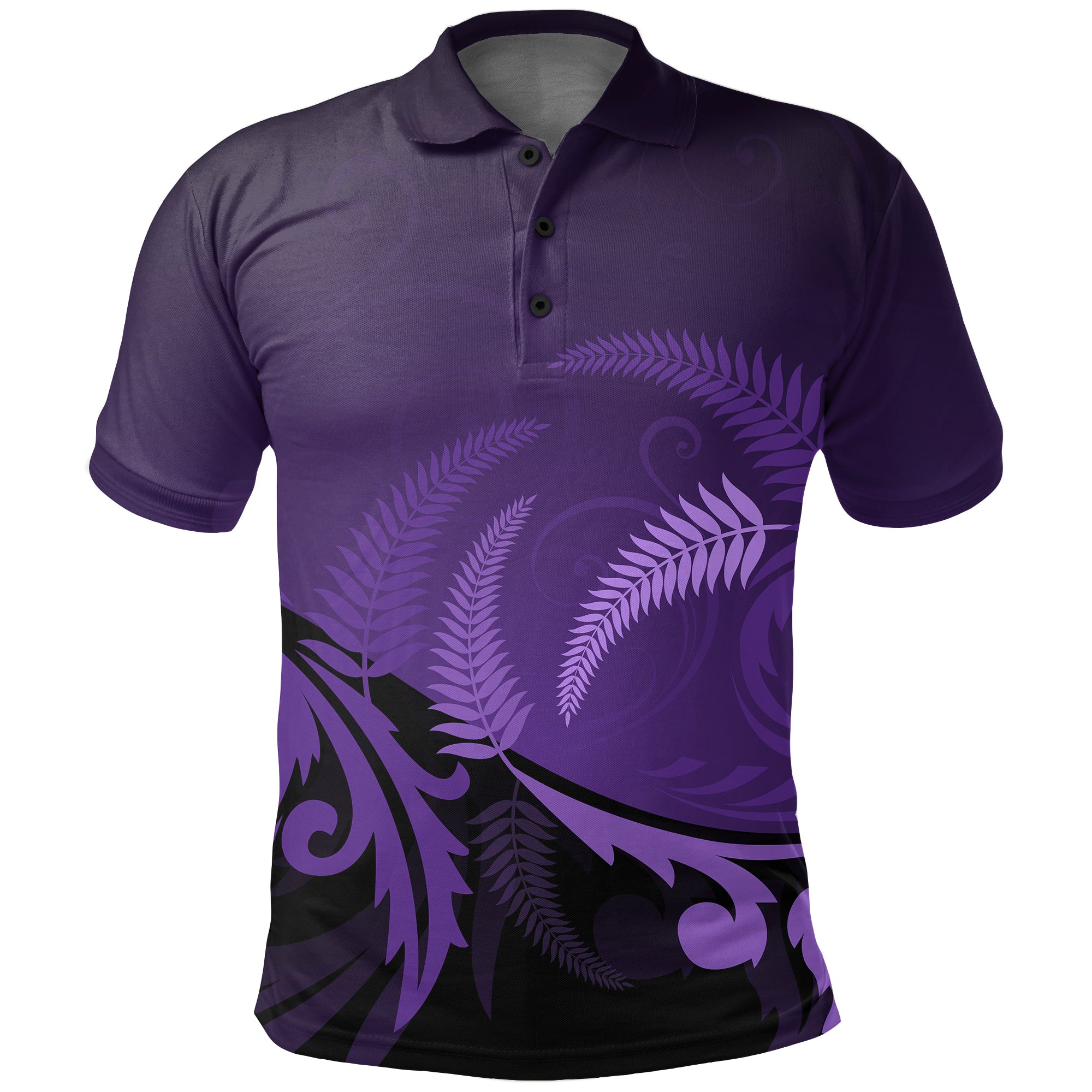 New Zealand Maori Polo Shirt Silver Fern Purple Black - Polynesian Pride