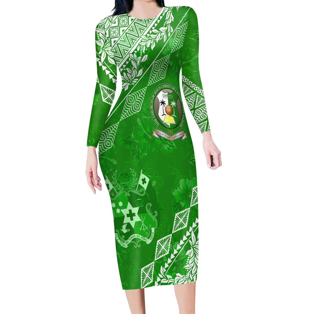 Liahona High School Tonga Long Sleeves Bodycon Dress Kupesi Style - Ver01 LT7 Polyester spandex Green - Polynesian Pride