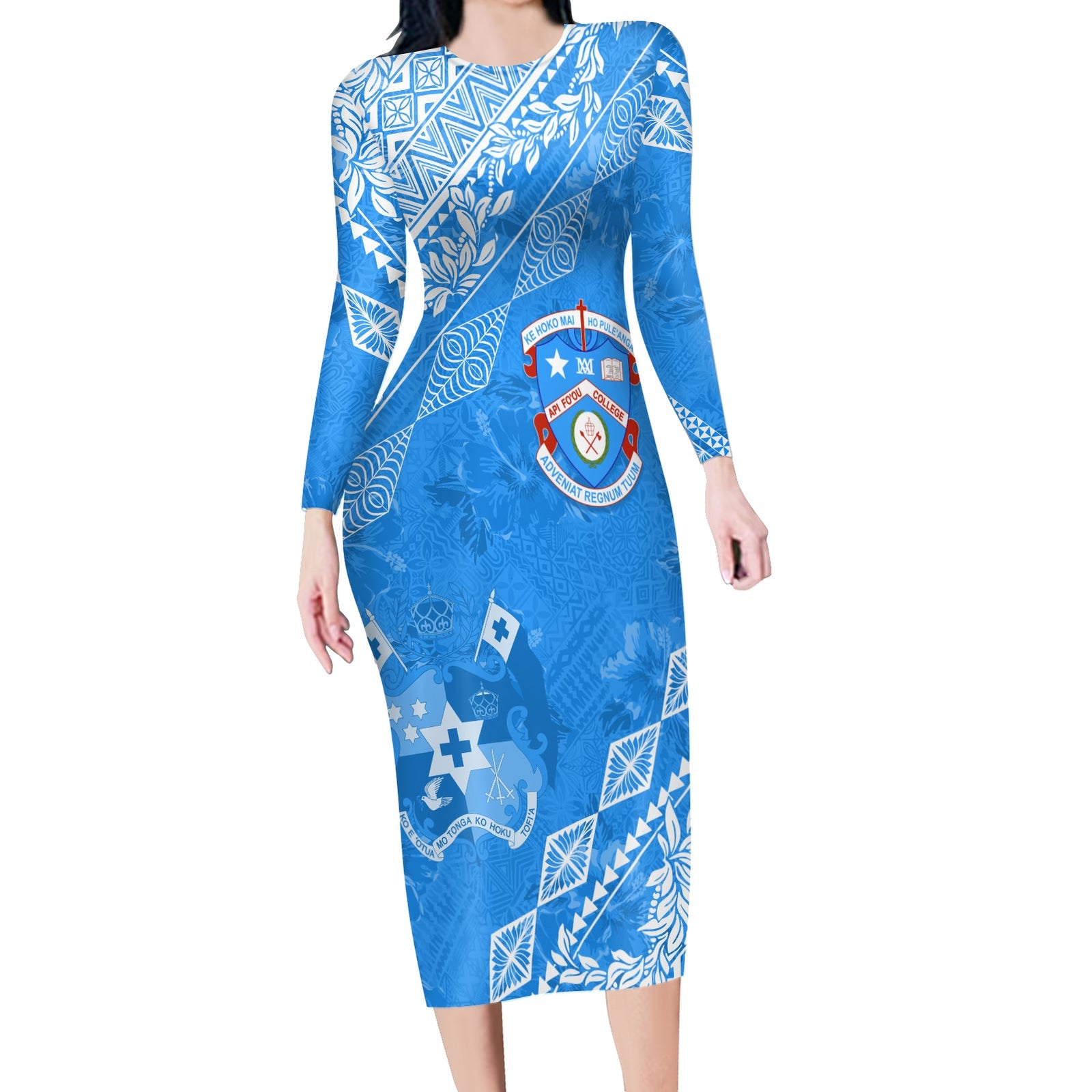 Apifoou College Tonga Long Sleeves Bodycon Dress Kupesi Style - Ver01 LT7 Polyester spandex Blue - Polynesian Pride